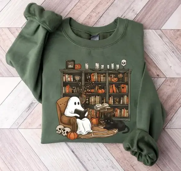 Retro Ghost Reading Books Shirt - Sweatshirt - Hoodie, Librarian Ghost Halloween Sweater, Halloween Teacher Sweatshirt, Ghost...
