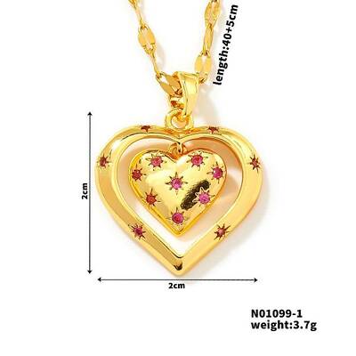 Brass Pave Cubic Zirconia Hollow Double Heart Pendant Necklace