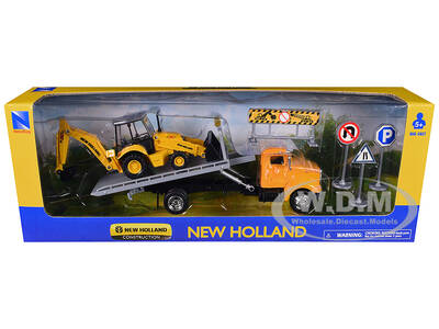 Peterbilt 335 Roll-Off Flatbed Truck and New Holland B110C Backhoe Loader with Street Signs \