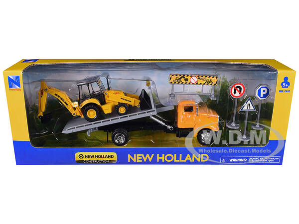 Peterbilt 335 Roll-Off Flatbed Truck and New Holland B110C Backhoe Loader with Street Signs \