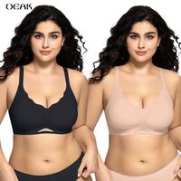 OEAK 2PCS Women Seamless Bras No Underwire Push Up Wavy Neckline Wireless Bralettes Soft V Neck Full Coverage Everyday Bra