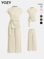 YOZY Plain Ruched Knot Front Top & Wide Leg Pants Set / Elegant Mock Neck Short Sleeve Top & Straight Leg Trousers, Women's S...