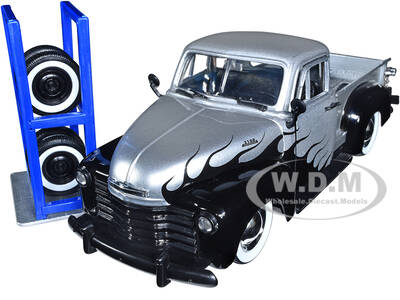 1953 Chevrolet 3100 Pickup Truck Silver Metallic with Black Flames with Extra Wheels \