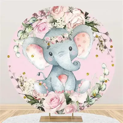 Pink Floral Elephant Dot Round Baby Shower Backdrop - Aperturee