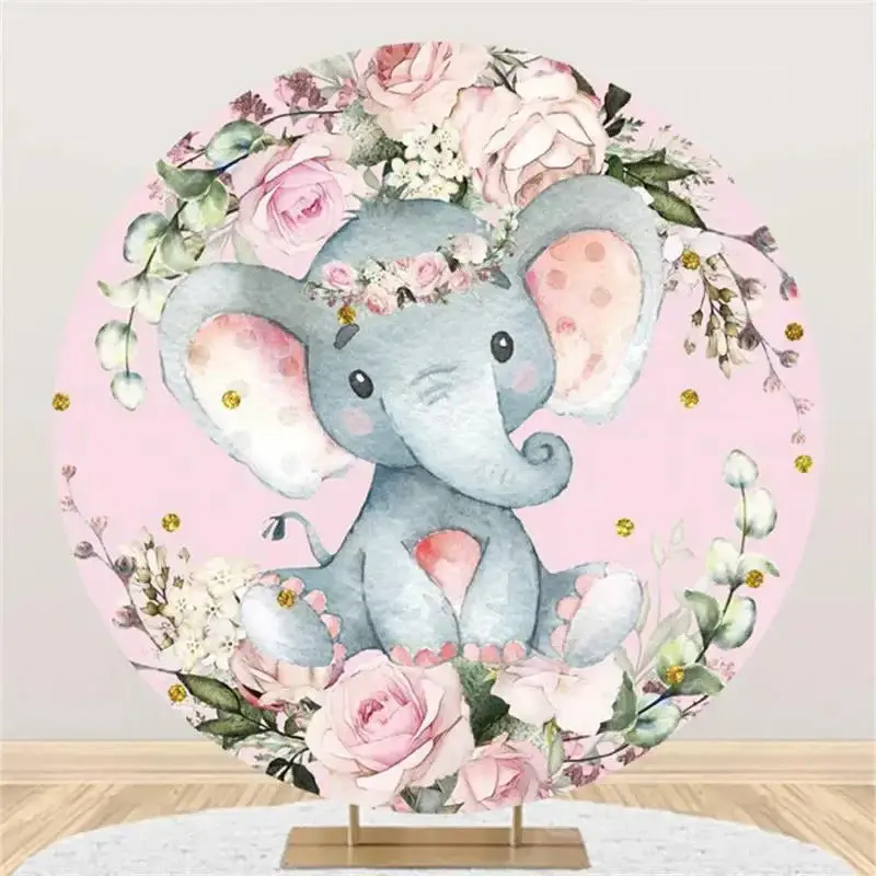 Pink Floral Elephant Dot Round Baby Shower Backdrop - Aperturee