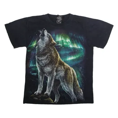 HIGH DEFINITION Northern Lights Wolf Print Mens T-Shirt Black 90s M