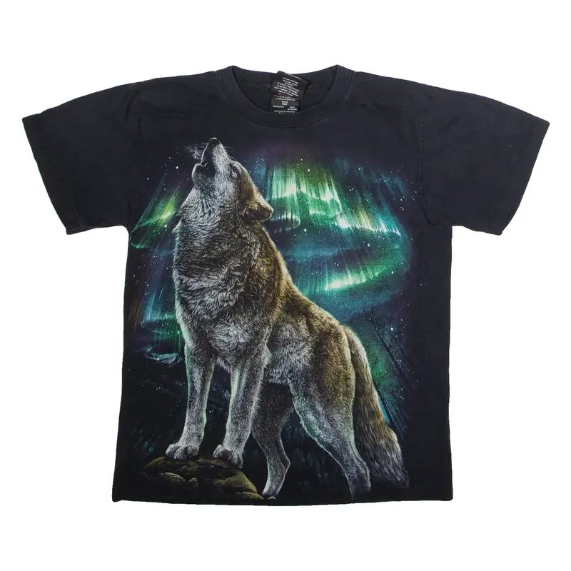 HIGH DEFINITION Northern Lights Wolf Print Mens T-Shirt Black 90s M
