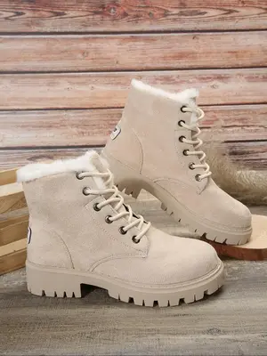 Women's Fashionable Contrast Faux Fur Label Patched Design Ankle Boots, Casual Warm Lace Up Snow Boots for Fall & Winter, Fem...