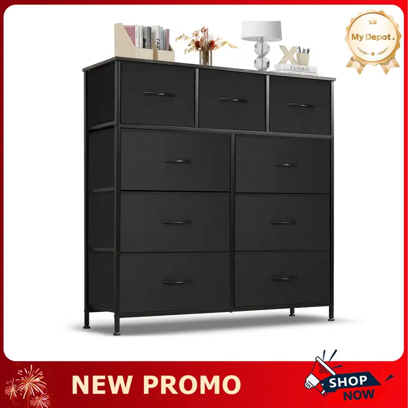 Dresser for Bedroom with 9 Drawers, Clothes Drawer Fabric Closet Organizer Cabinet, Large Chest Storage Tower with Metal Fram...