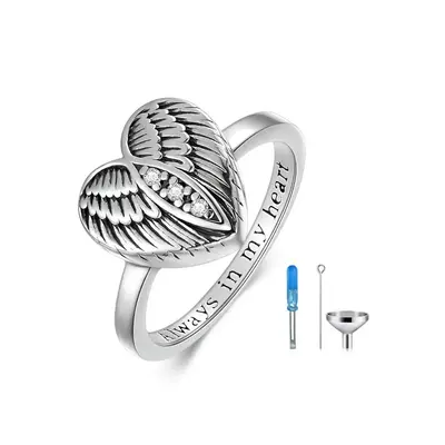 Sterling Silver Round Shaped Cubic Zirconia Angel Wing & Heart Urn Ring with Engraved Word