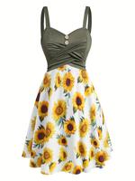 Women's Patchwork Sunflower Print Ruched Tank Dress, Casual Sleeveless A Line Short Dress for Spring, Ladies Clothes for Dail...