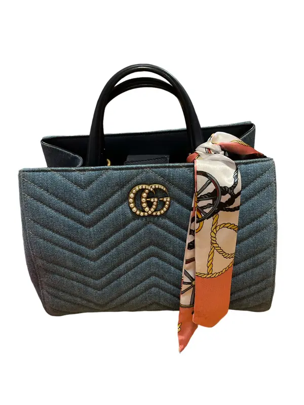 Pre-owned GUCCI quilted denim Crossbody Bags Matelasse Marmont Denim Top Handle Bag Pre Owned, Light Blue Chevron Quilted Den...