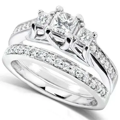 10K White Gold 1 CT Princess Cut Moissanite Bridal Set