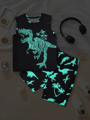Two-Piece Set Boy's Cartoon Dinosaur Print Tank & Elastic Waist Shorts Set, Casual Round Neck Top & Shorts for Daily Wear, K...