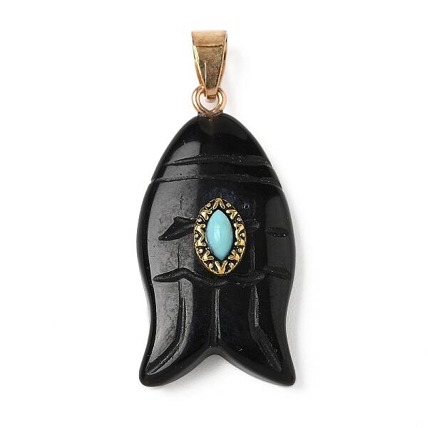 Natural Black Obsidian & Synthetic Turquoise Carved Pendants