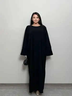 Women's Solid Split Sleeve Robe, Modest Long Sleeve Round Neck Maxi Robe for Fall & Winter, Women's Islamic Clothing for Dail...