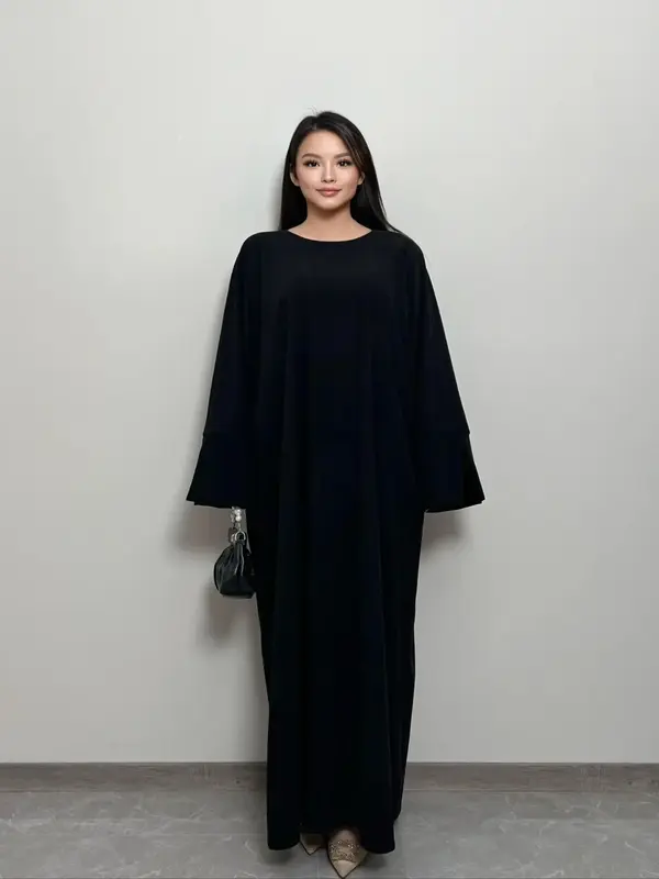 Women's Solid Split Sleeve Robe, Modest Long Sleeve Round Neck Maxi Robe for Fall & Winter, Women's Islamic Clothing for Dail...