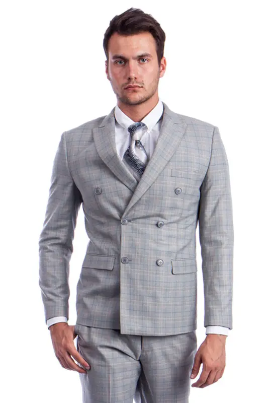 Glen Plaid Men's Slim Fit Double Breasted Suit in Light Grey