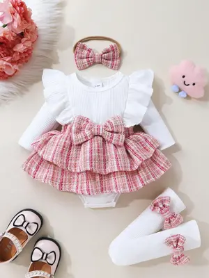 3-piece Set Of Soft, Breathable, Comfortable And Cute Baby Girl Front Bow Splicing Small Fragrance Ruffle Edge Dress Jumpsuit...
