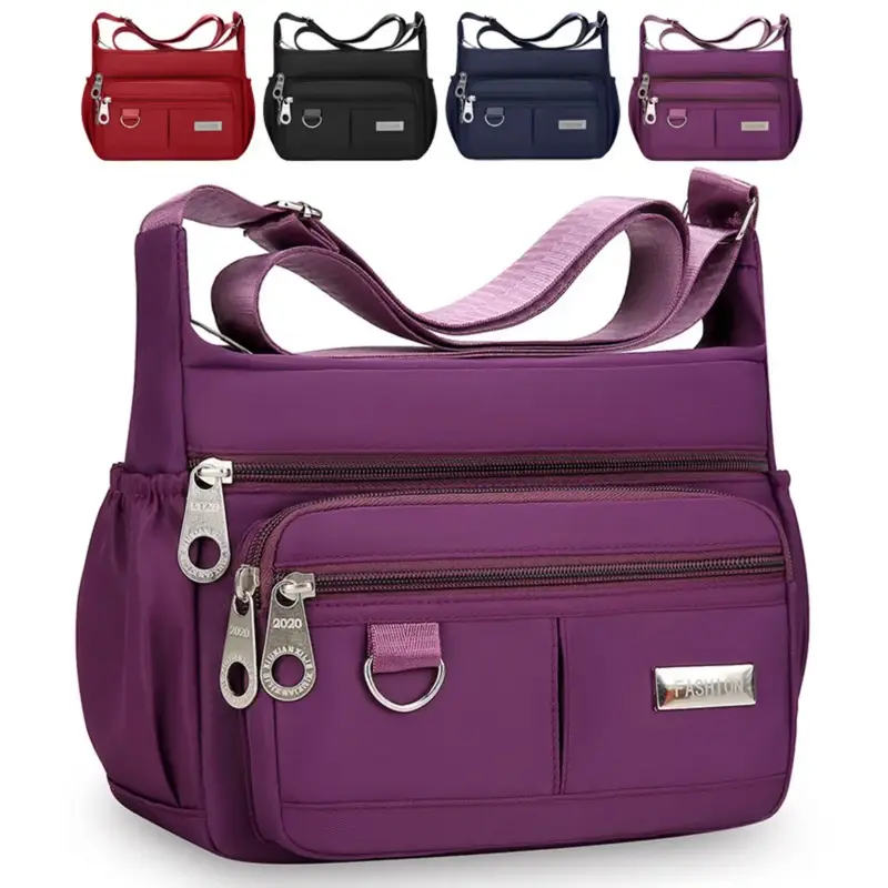 Solid Color Multi Pocket Nylon Shoulder Bag，Waterproof Everyday Bag For Travel with Zipper