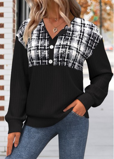 Modlily Black Button Plaid Long Sleeve Split Neck Sweatshirt - XXL