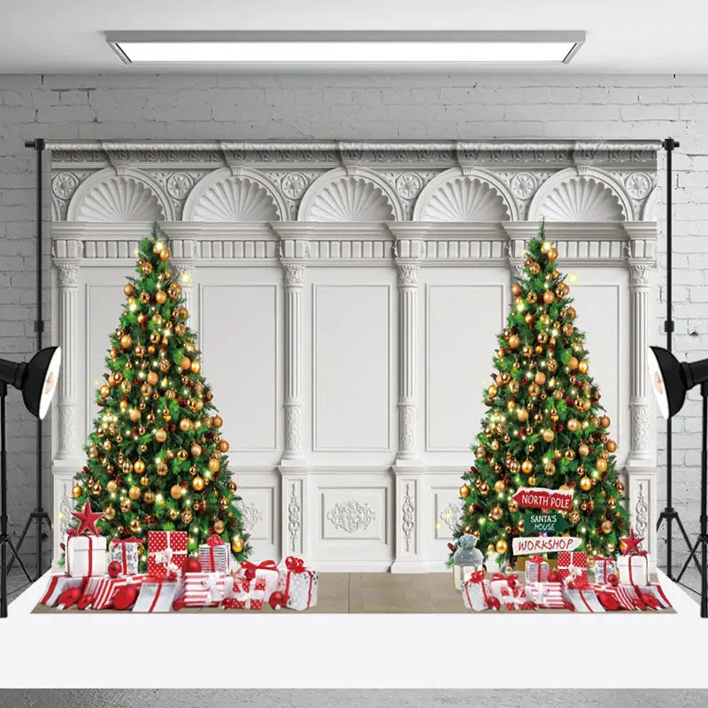 Aperturee White Vintage Wall Trees Festive Christmas Backdrop