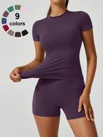 Two-piece Set Women's Solid Tee & High Waist Shorts Sportswear Set, Casual Sporty Short Sleeve T-shirt & Skinny Shorts, Ladie...