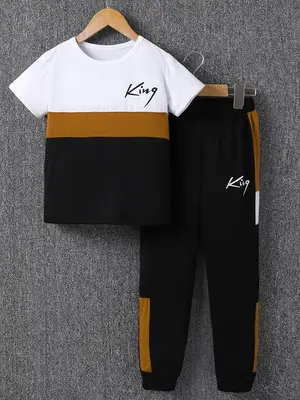 Boy's Letter Print Tee & Side Stripe Sweatpants Set, Colorblock Short Sleeve T-shirt & Jogger Pants, Casual Summer Outfits Cl...
