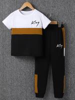 Boy's Letter Print Tee & Side Stripe Sweatpants Set, Colorblock Short Sleeve T-shirt & Jogger Pants, Casual Summer Outfits Cl...
