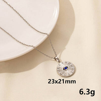 Stylish Stainless Steel Rhinestones Flat Round with Evil Eye Pendant Necklace