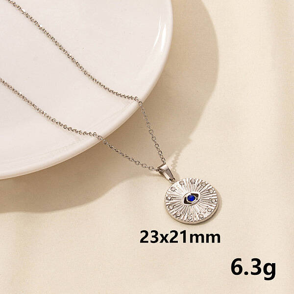 Stylish Stainless Steel Rhinestones Flat Round with Evil Eye Pendant Necklace