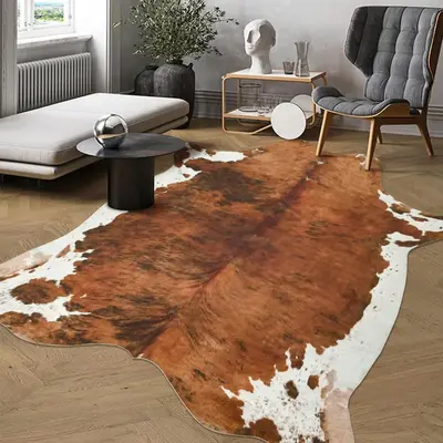 YJGWL Premium Faux Cow Hide Rug Cowhide Area Rug, 4.6 x 5.2ft Animal Print Fur Rug Suitable for Bedroom Living Room, Western ...