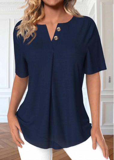 Modlily Navy Button Short Sleeve Split Neck Blouse - XL