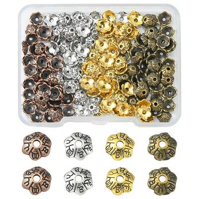 200Pcs 4 Colors 6-Petal Tibetan Style Alloy Flower Bead Caps