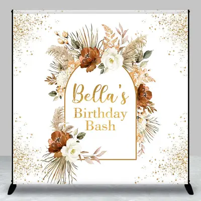 Gold Glitter Boho Floral Custom Birthday Backdrop - Aperturee