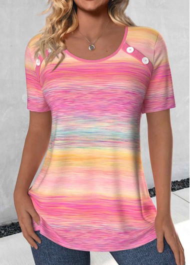Modlily Pink Button Ombre Short Sleeve Round Neck T Shirt - XL