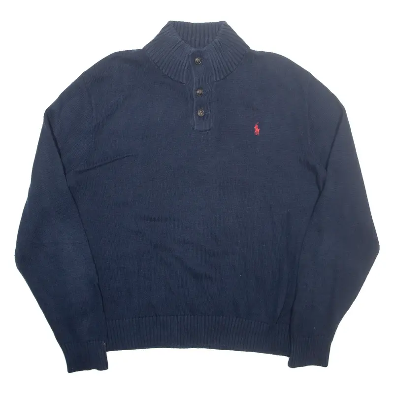 POLO RALPH LAUREN Mens Jumper Blue Button Neck Tight Knit 2XL