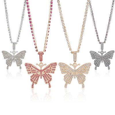 4Pcs 4 Colors Rhinestone Butterfly Pendant Necklaces Set with Cup Chains