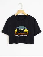 Women's Cartoon Cat & Letter Print Tee, Vintage Crop Graphic Tees, Summer Clothes Women, T Shirts for Women, Casual Short S...