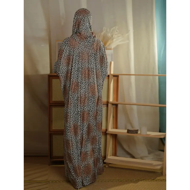 Ramadan Plus Size Leopard Maxi Modest Dress, Modest Long Sleeve Dress With Hijab, Women's Plus Size Clothing