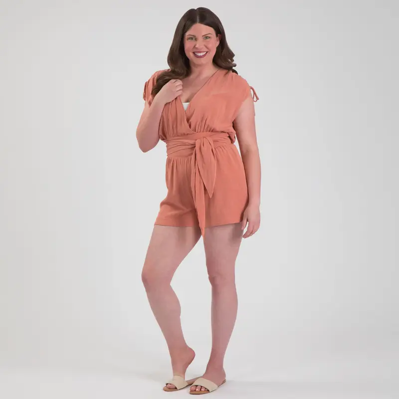 Lightweight V-Neck Romper with Tie Waist - S