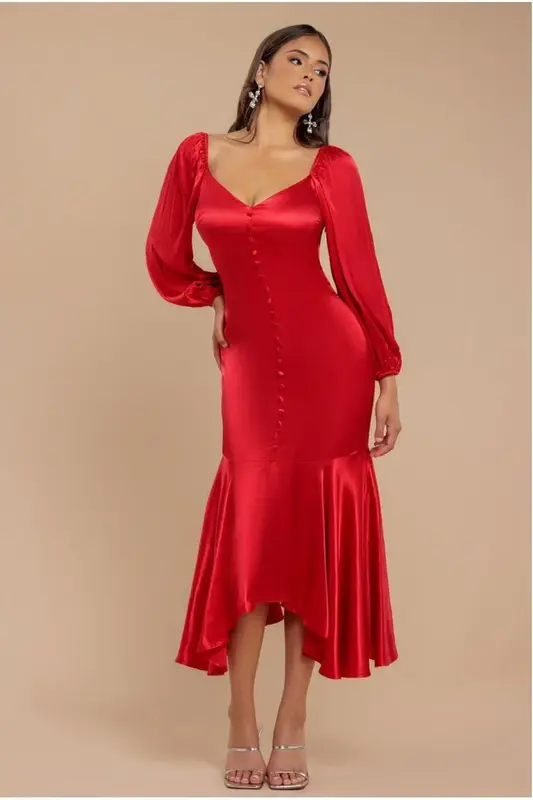 Goddiva Satin Viscose Front Buttoned Dipped Hem Midaxi Dress - Red