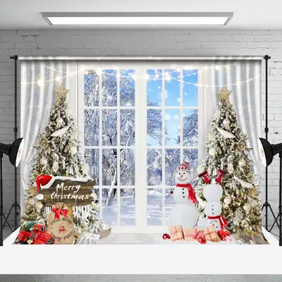 Aperturee Snowman Window White Snow World Christmas Backdrop