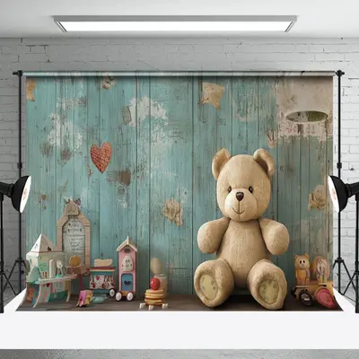 Aperturee Green Retro Wall Toy Bear Cake Smash Photo Backdrop, 3X2FT(1MX0.6M), 14 USD, birthday cake smash backdrops, NYHD1I8...