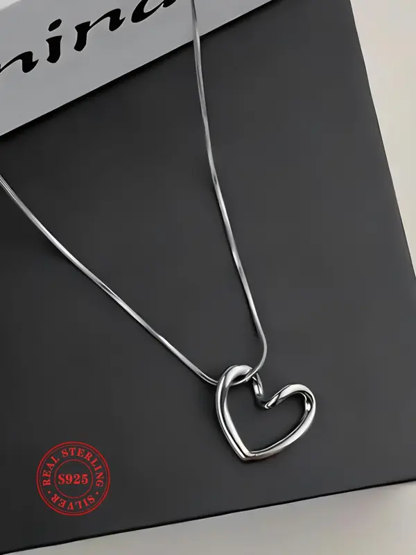 S925 Sterling Silver Hollow Out Heart Design Pendant Necklace for Women, Fashion Pendant Necklace for Party, Daily Decor, Tre...