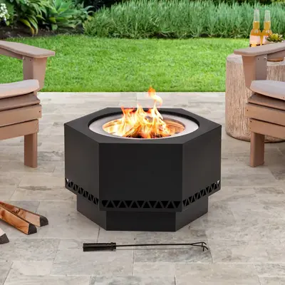 SUNJOY 28 Inch Hexagon Stainless Steel Smokeless Fire Pit with PVC Cover - Triangle Pattern & Black