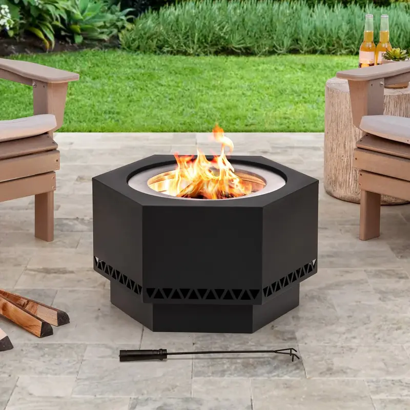 SUNJOY 28 Inch Hexagon Stainless Steel Smokeless Fire Pit with PVC Cover - Triangle Pattern & Black