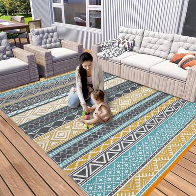 Garvee Outdoor Teal & Yellow 6x9 Rug Reversible Waterproof Portable Plastic Straw Camping Mat Durable UV Stable Eco-Friendly ...