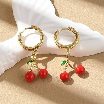 Cherry Brass Enamel Hoop Earrings