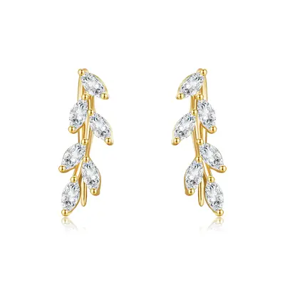 14K Gold Marquise Shaped Cubic Zirconia Leaves Climber Earrings